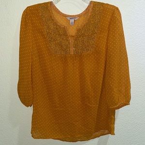 NWT 3/4 sleeve mustard yellow white polka dot sheer peasant blouse